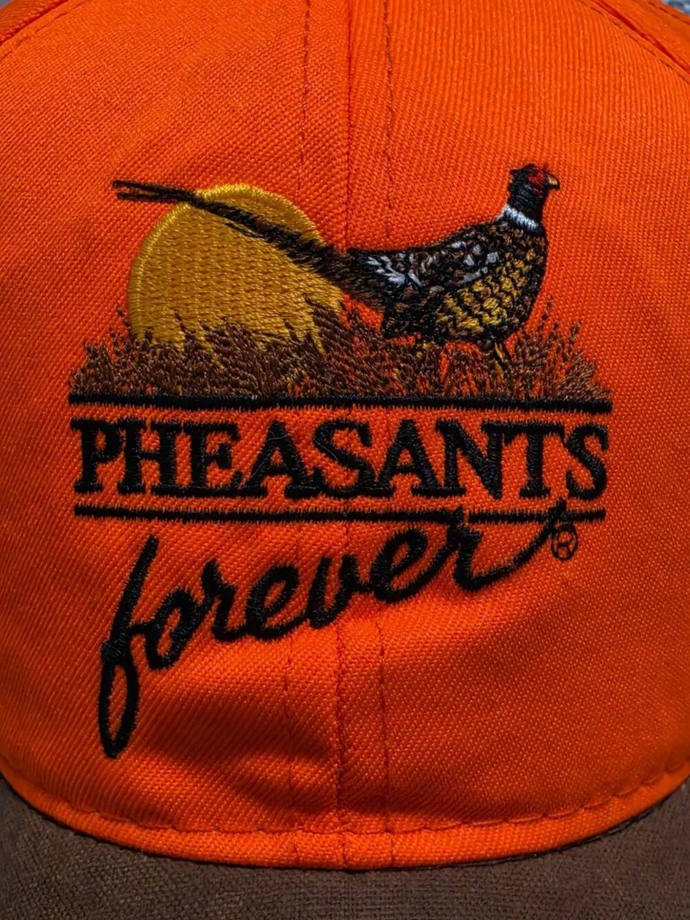 Vtg Pheasants Forever Hunting Hat Orange Brown Canvas Brim Strapback Made in USA